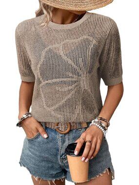 Women Brown Summer Short Hollow Out Floral Sweaters Beach Vacation Cruise Tops